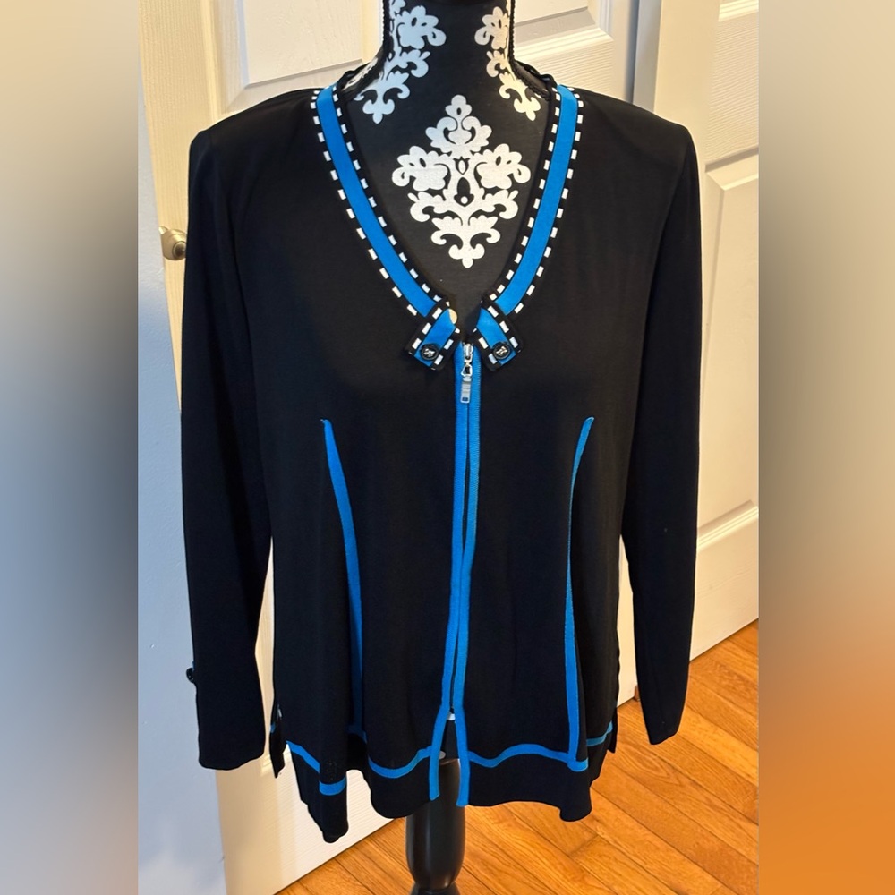 Exclusively Misook Black Knit Zip Up Blazer Jacket Sz M Career Office Blue Trim